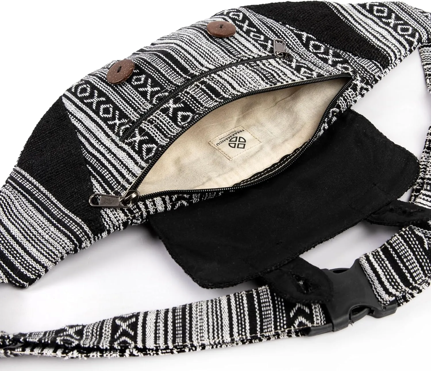 Freakmandu Eco-Friendly Boho Hippie Style Large Hemp Fanny Pack White Hip Waist Bag for Hiking Running Jogging