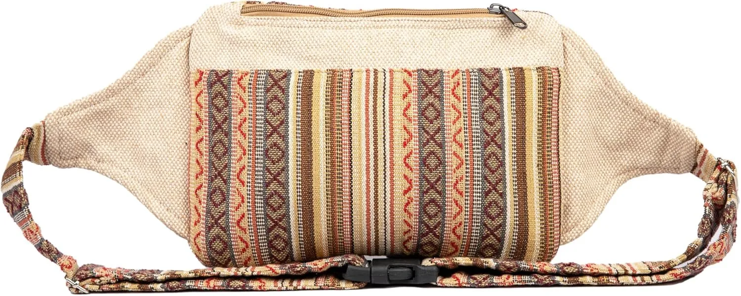 Freakmandu Eco-Friendly Boho Hippie Style Large Hemp Fanny Pack White Hip Waist Bag for Hiking Running Jogging
