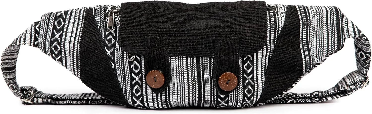 Freakmandu Eco-Friendly Boho Hippie Style Large Hemp Fanny Pack White Hip Waist Bag for Hiking Running Jogging