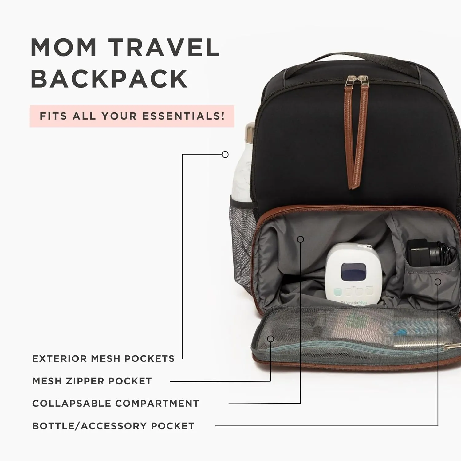 Freshly Picked Breast Pump Backpack, Wipeable Vegan Leather and Neoprene Breast Pump Bag, Fits Spectra S1 and S2, 3-Compartment, 8-Pocket