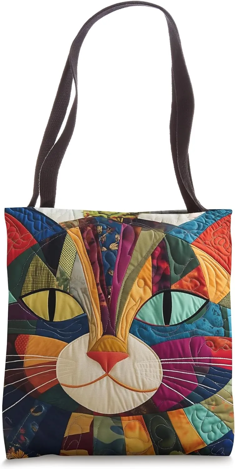 Funky Cat Quilted Colorful Cat Kitten Face Quilt Patchwork Tote Bag