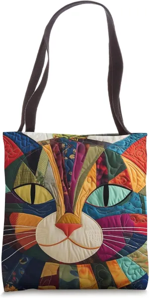 Funky Cat Quilted Colorful Cat Kitten Face Quilt Patchwork Tote Bag