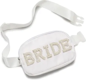 Funky Junque Bride Fanny Pack with Pearl Lettering | White Belt Bag Crossbody for Bachelorette Party, Bridal Shower, Engagement Gift & Travel - Bride (White)