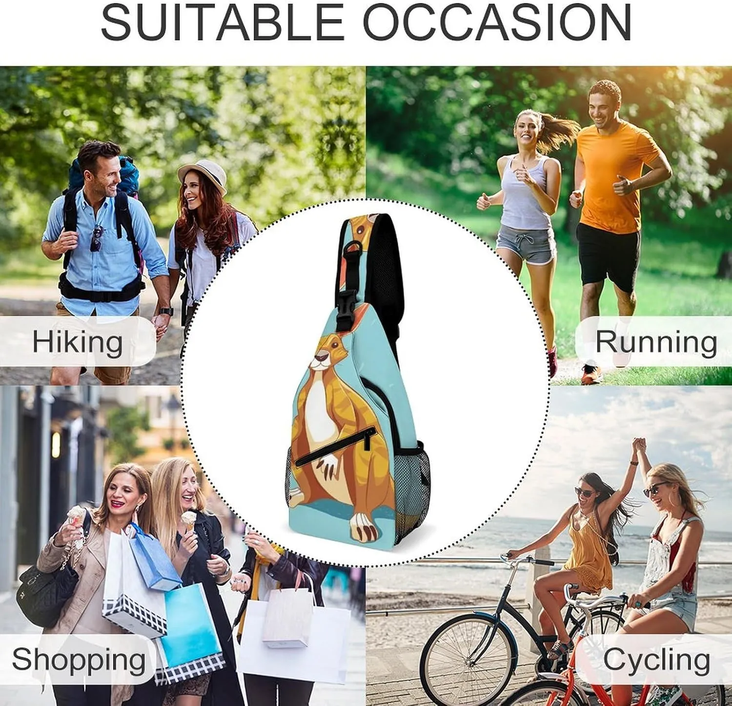 Funny Cartoon Kangaroo Zoo Sling Backpack Fashion Crossbody Sling Bag for Women Men Chest Bag for Travel Hiking, 38x20cm