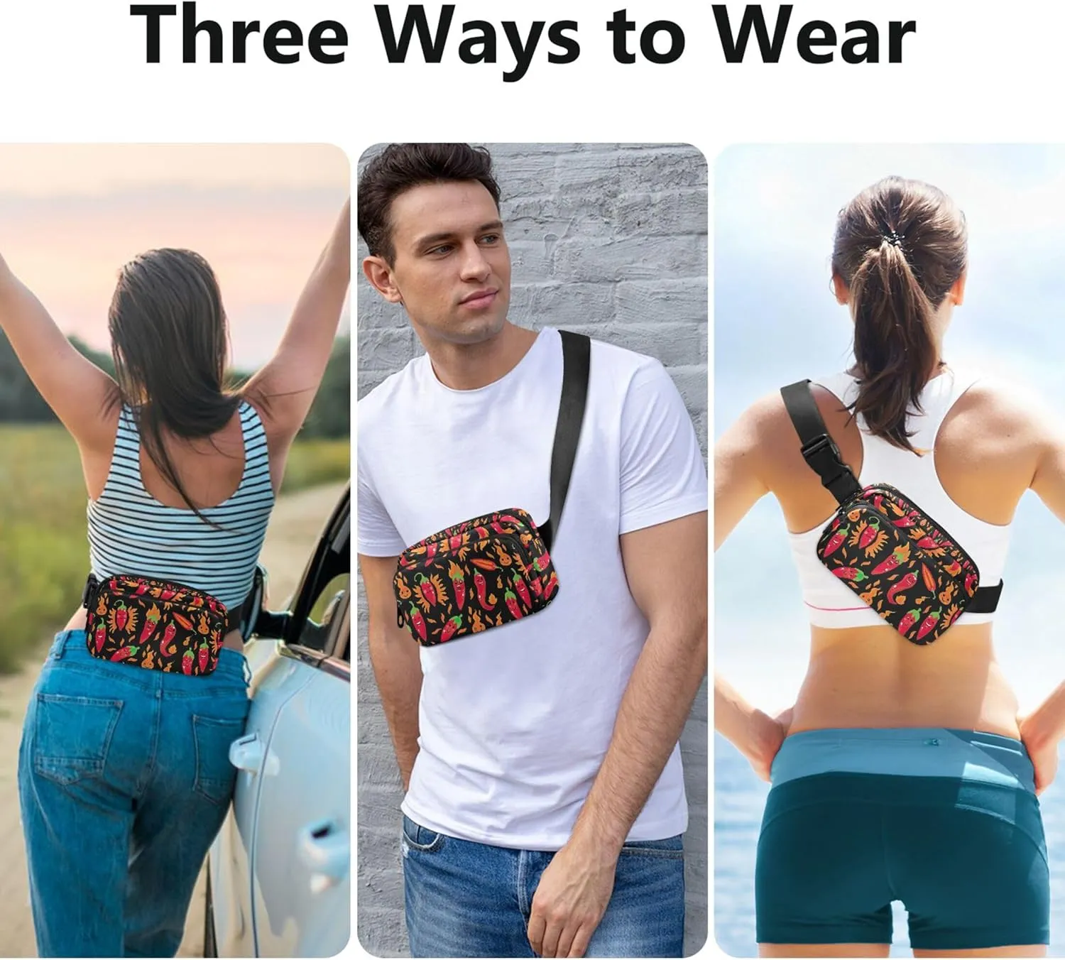 Funny Chili Peppers Fanny Pack for Women Designer Large Hip Belt Bag Waterproof Crossbody Waist Purse
