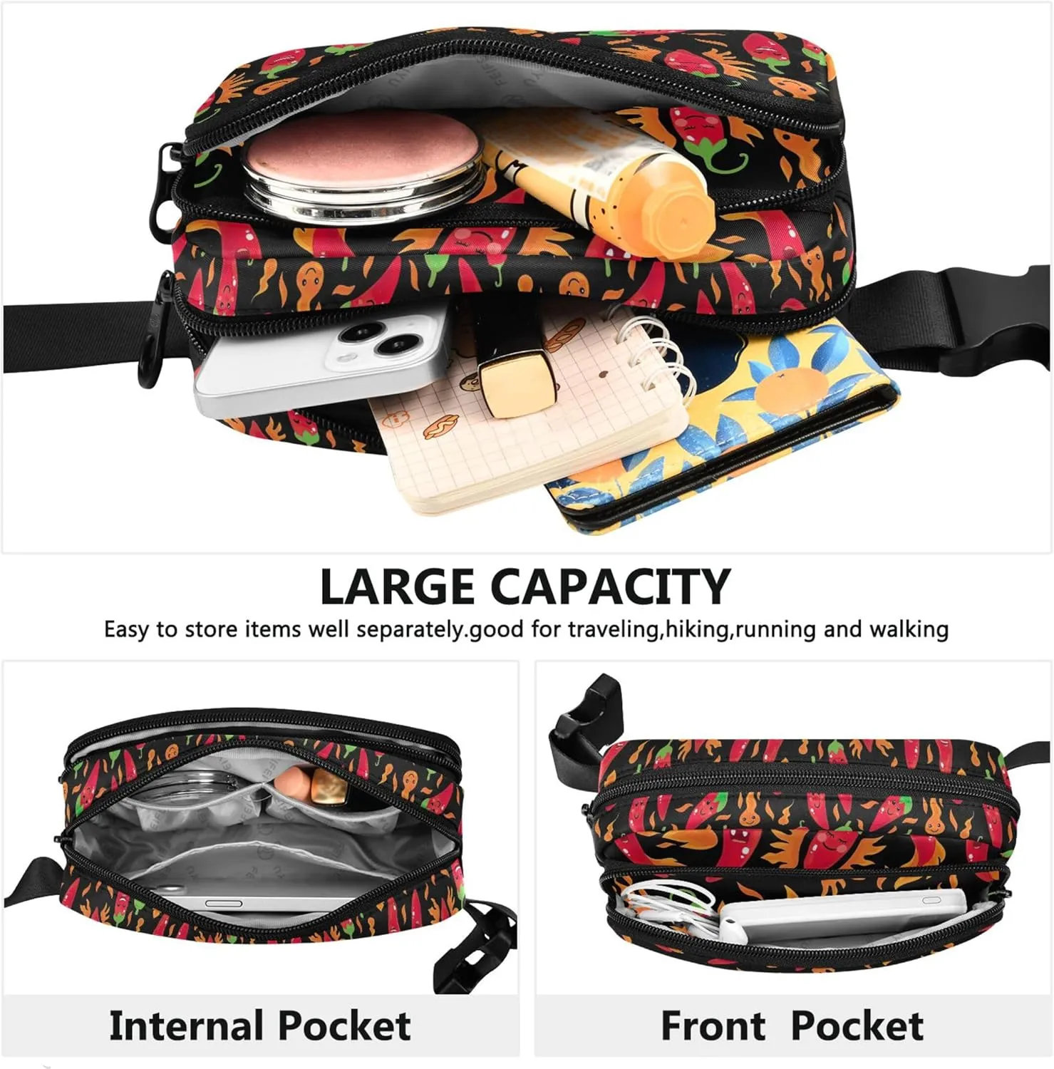 Funny Chili Peppers Fanny Pack for Women Designer Large Hip Belt Bag Waterproof Crossbody Waist Purse