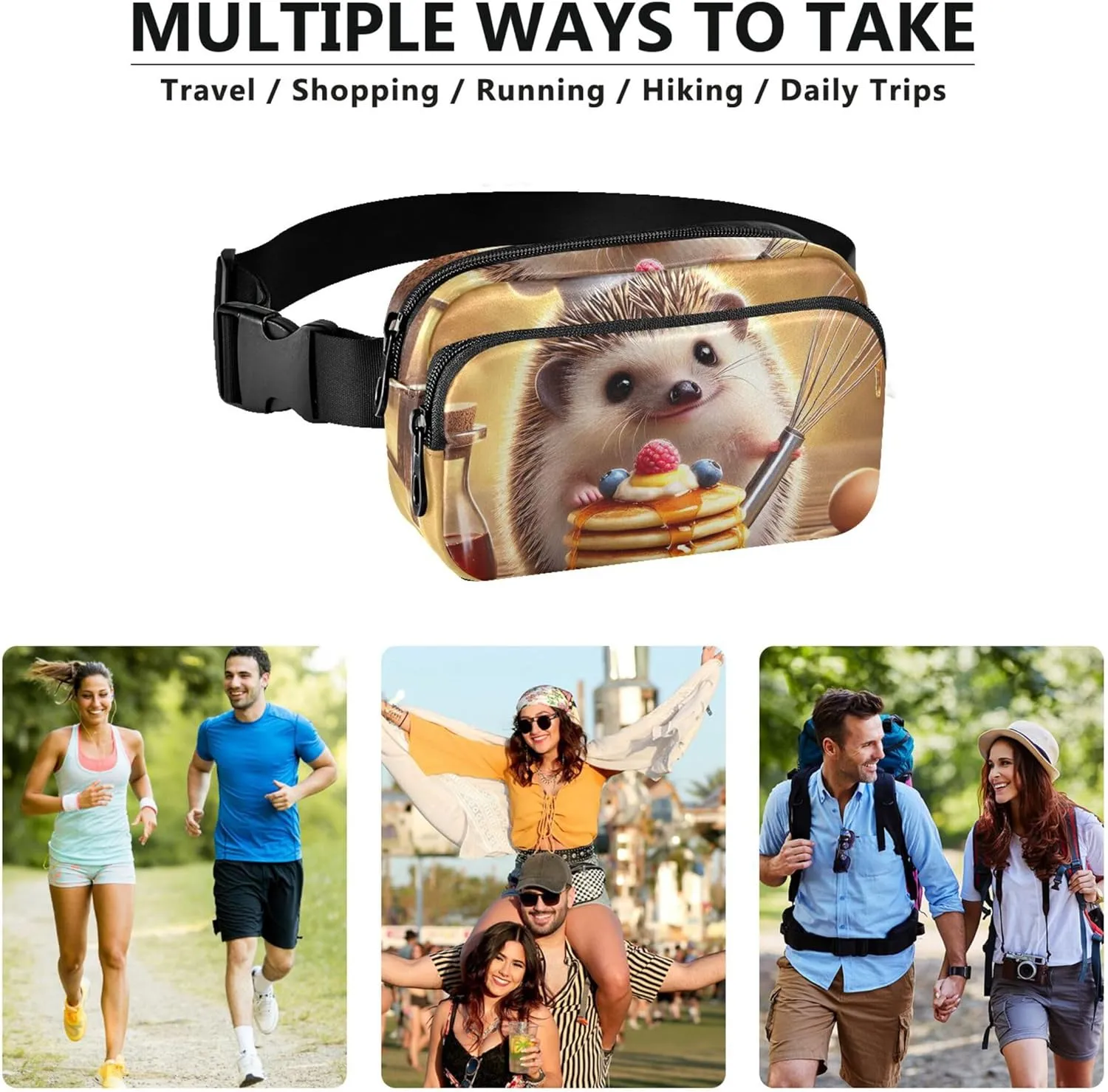 Funny Hedgehog Pancake Chef Womens Fanny Pack Funny Large Hip Belt Bag Waterproof Crossbody Waist Pack