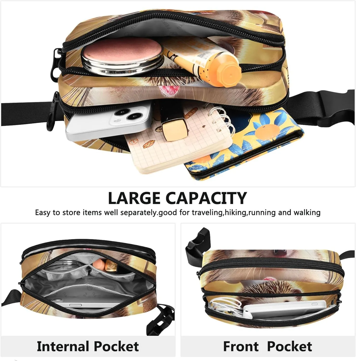 Funny Hedgehog Pancake Chef Womens Fanny Pack Funny Large Hip Belt Bag Waterproof Crossbody Waist Pack