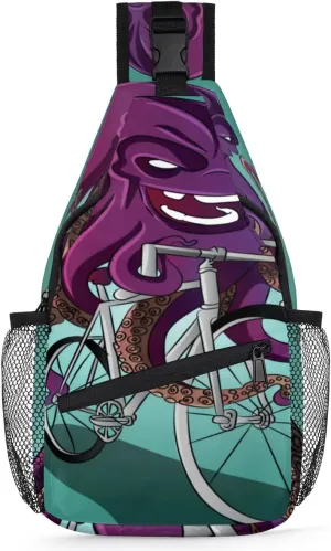 Funny Octopus Riding A Bike Sling Bag for Women Men Crossbody Sling Backpack Shoulder Bag Chest Bag Daypack for Travel Hiking Outdoor