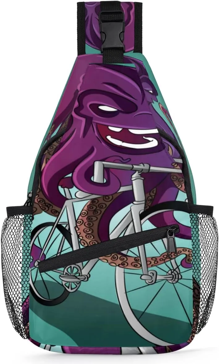 Funny Octopus Riding A Bike Sling Bag for Women Men Crossbody Sling Backpack Shoulder Bag Chest Bag Daypack for Travel Hiking Outdoor