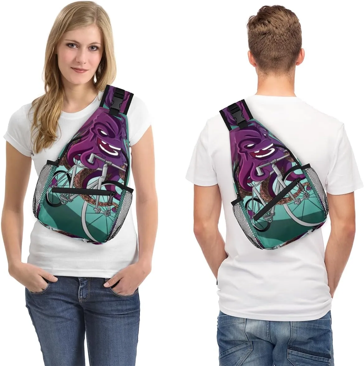Funny Octopus Riding A Bike Sling Bag for Women Men Crossbody Sling Backpack Shoulder Bag Chest Bag Daypack for Travel Hiking Outdoor