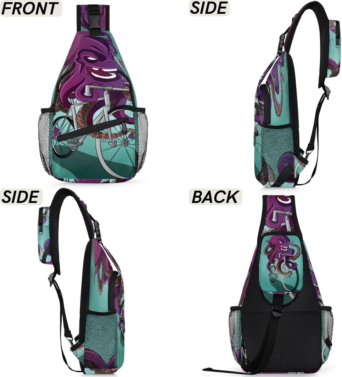 Funny Octopus Riding A Bike Sling Bag for Women Men Crossbody Sling Backpack Shoulder Bag Chest Bag Daypack for Travel Hiking Outdoor