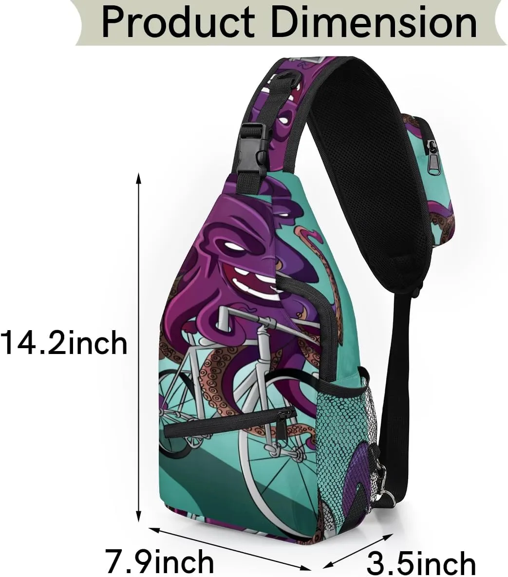 Funny Octopus Riding A Bike Sling Bag for Women Men Crossbody Sling Backpack Shoulder Bag Chest Bag Daypack for Travel Hiking Outdoor