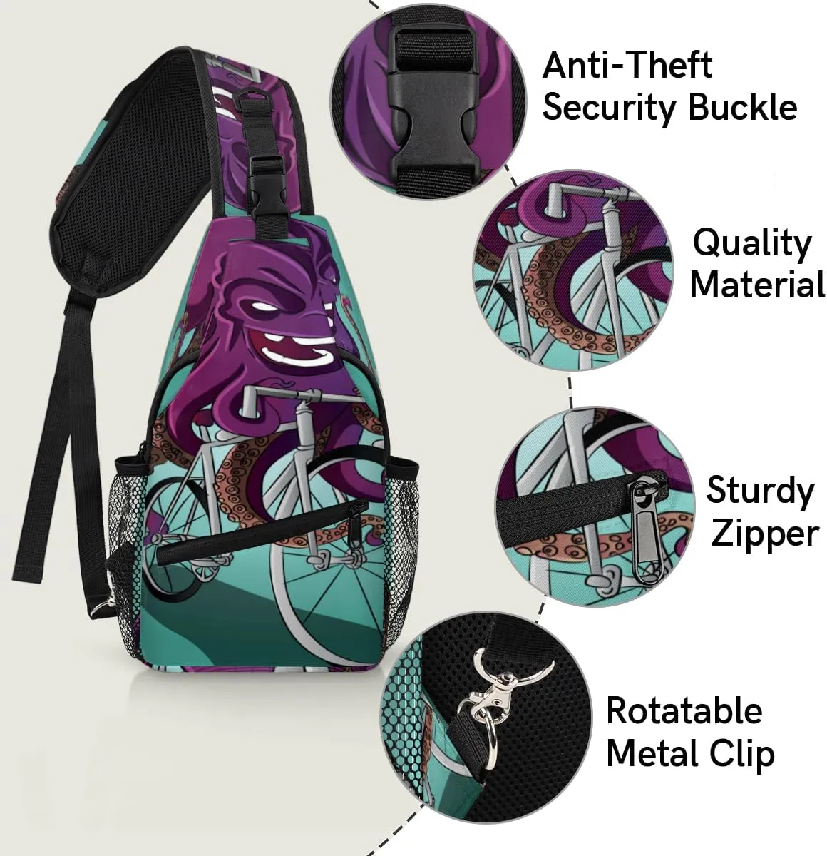 Funny Octopus Riding A Bike Sling Bag for Women Men Crossbody Sling Backpack Shoulder Bag Chest Bag Daypack for Travel Hiking Outdoor