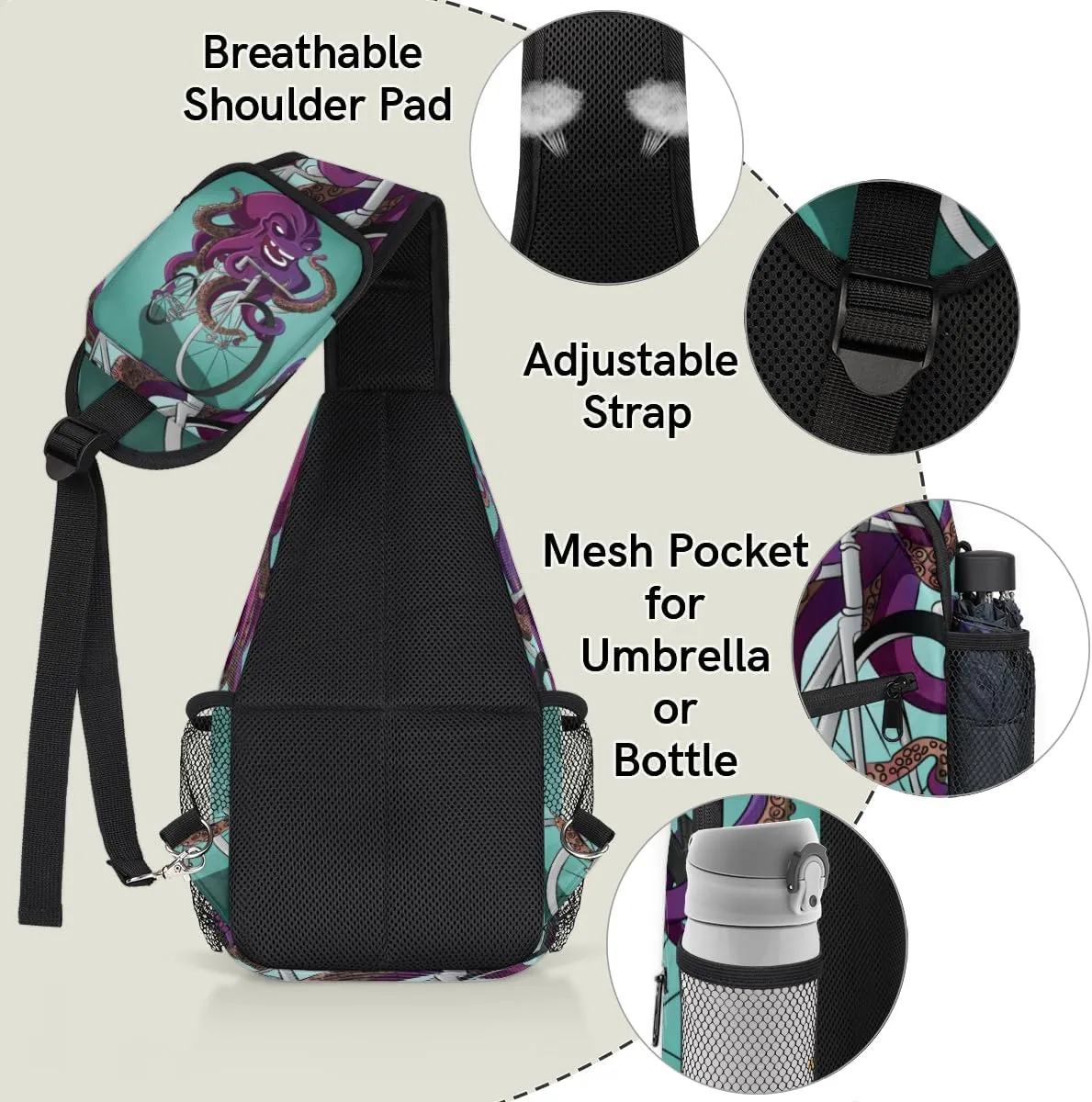 Funny Octopus Riding A Bike Sling Bag for Women Men Crossbody Sling Backpack Shoulder Bag Chest Bag Daypack for Travel Hiking Outdoor