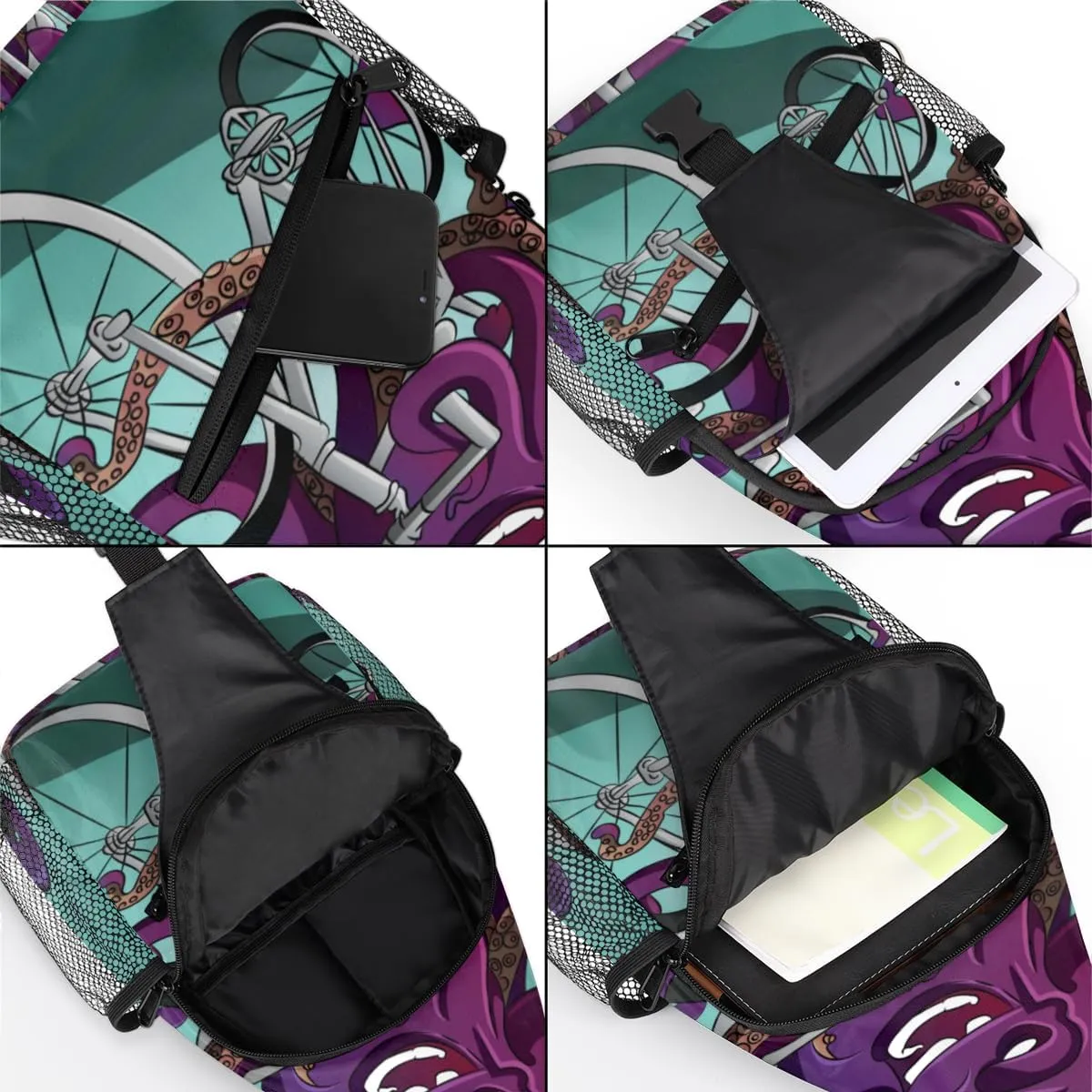 Funny Octopus Riding A Bike Sling Bag for Women Men Crossbody Sling Backpack Shoulder Bag Chest Bag Daypack for Travel Hiking Outdoor