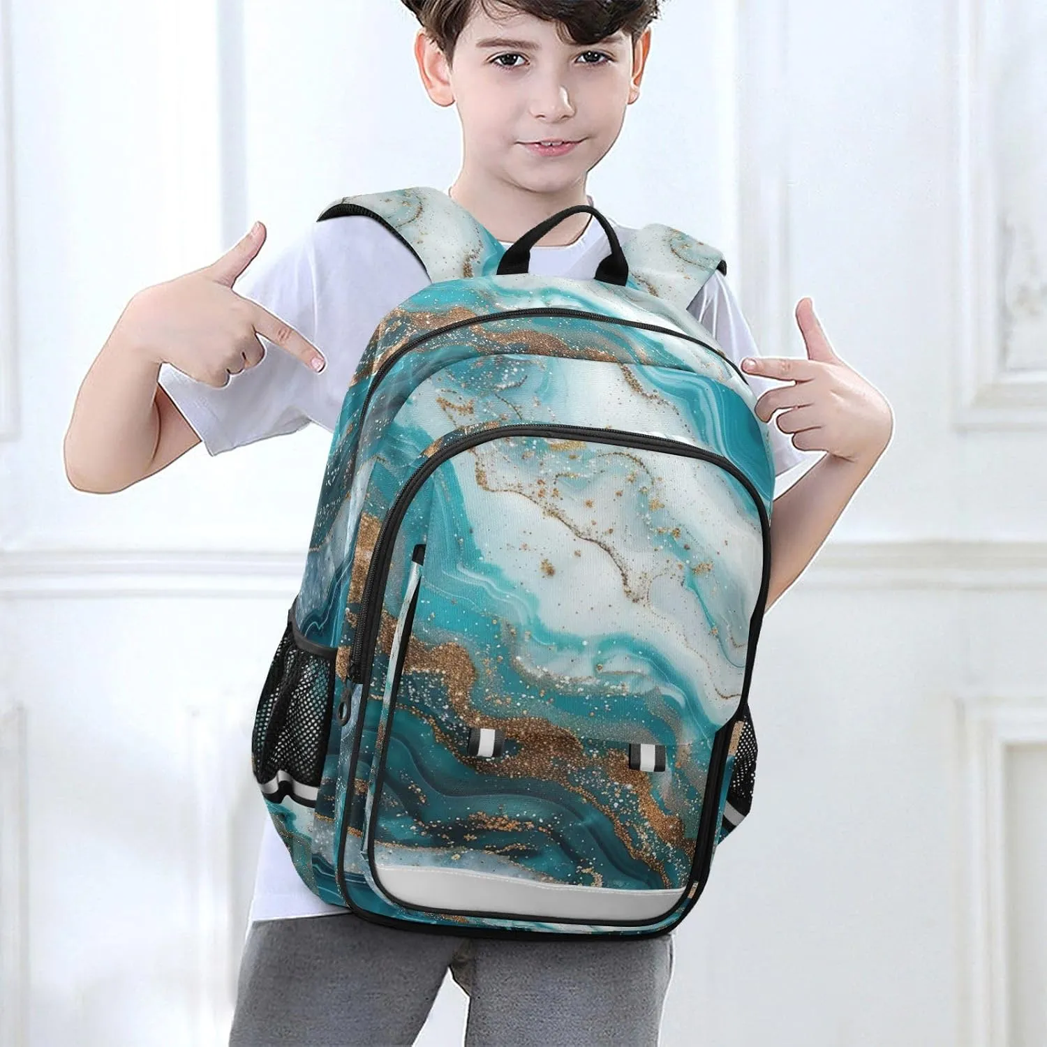 GAIGEO Blue Gold Marble Kids' Backpacks, Girls Backpack for School with Safety Reflective Strips, Travel Bookbag, Girl School Backpack