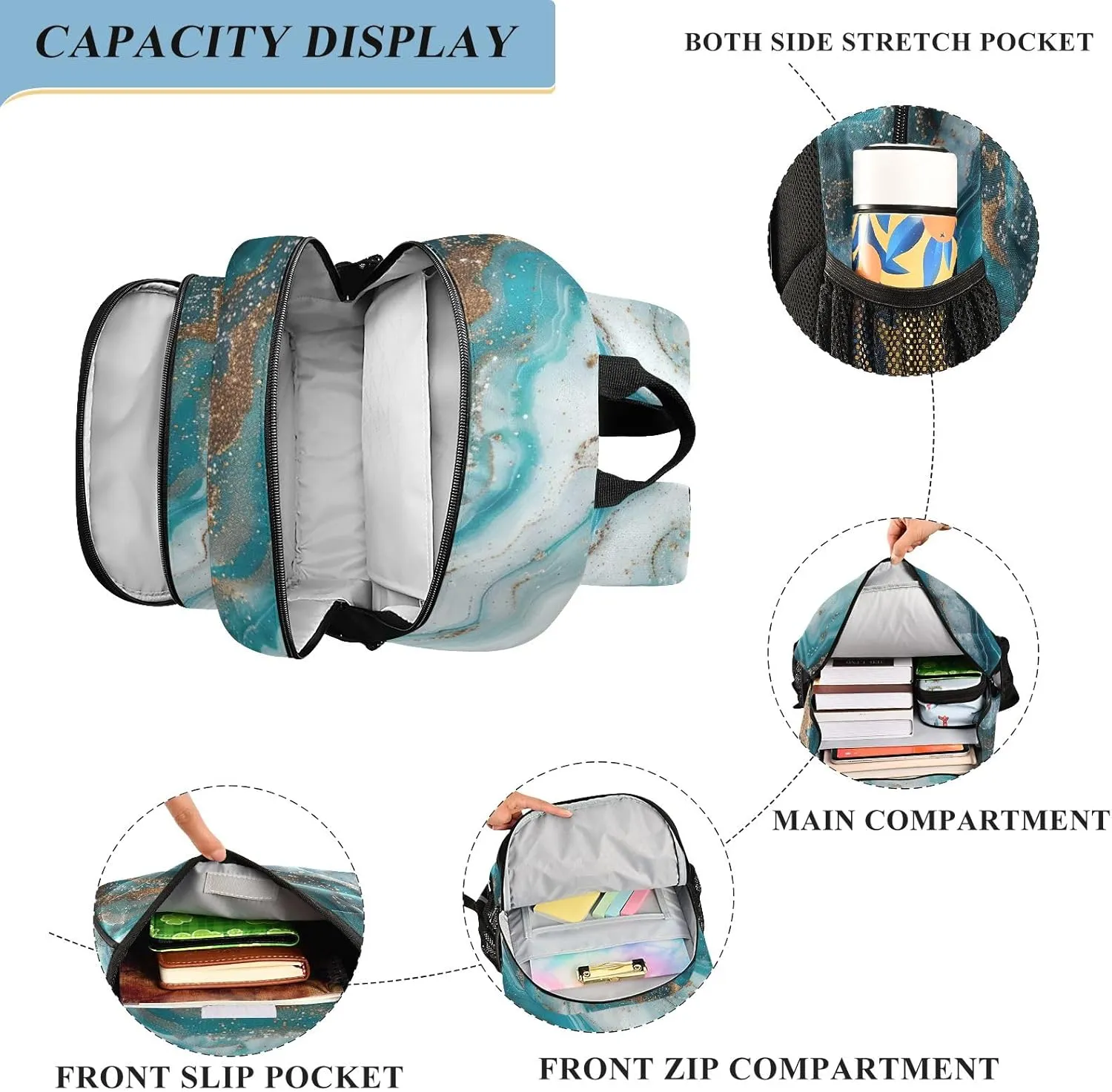 GAIGEO Blue Gold Marble Kids' Backpacks, Girls Backpack for School with Safety Reflective Strips, Travel Bookbag, Girl School Backpack
