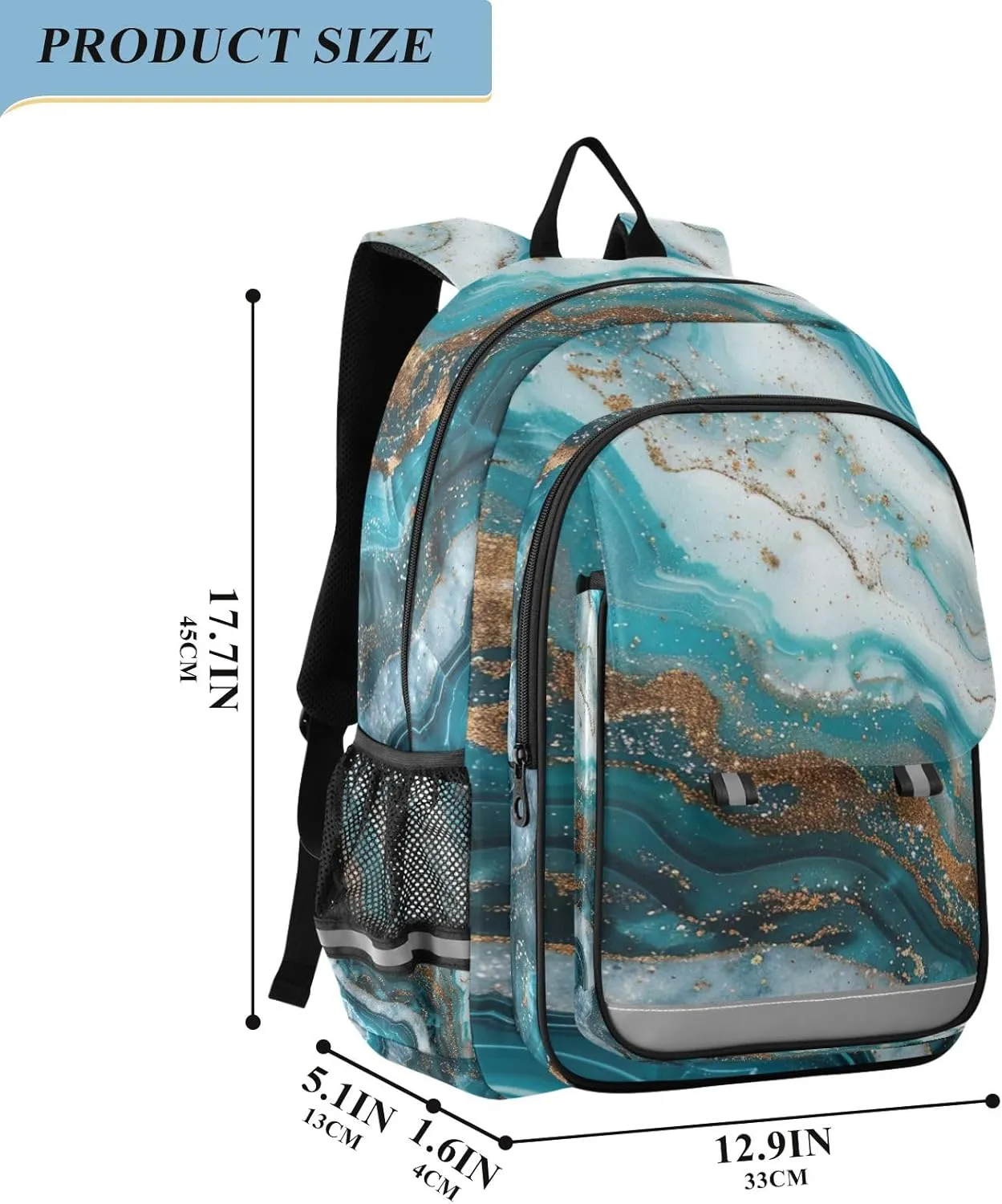 GAIGEO Blue Gold Marble Kids' Backpacks, Girls Backpack for School with Safety Reflective Strips, Travel Bookbag, Girl School Backpack
