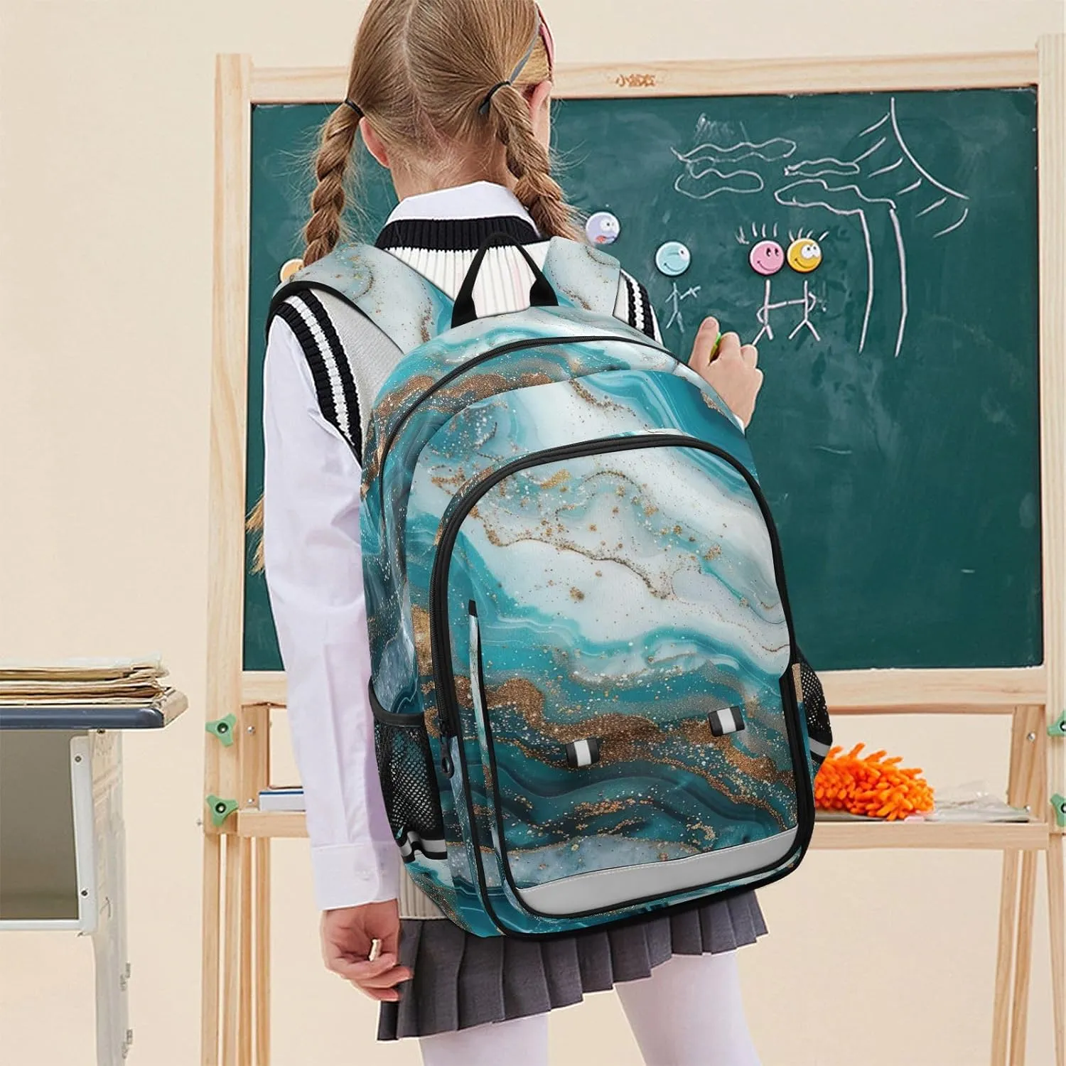 GAIGEO Blue Gold Marble Kids' Backpacks, Girls Backpack for School with Safety Reflective Strips, Travel Bookbag, Girl School Backpack