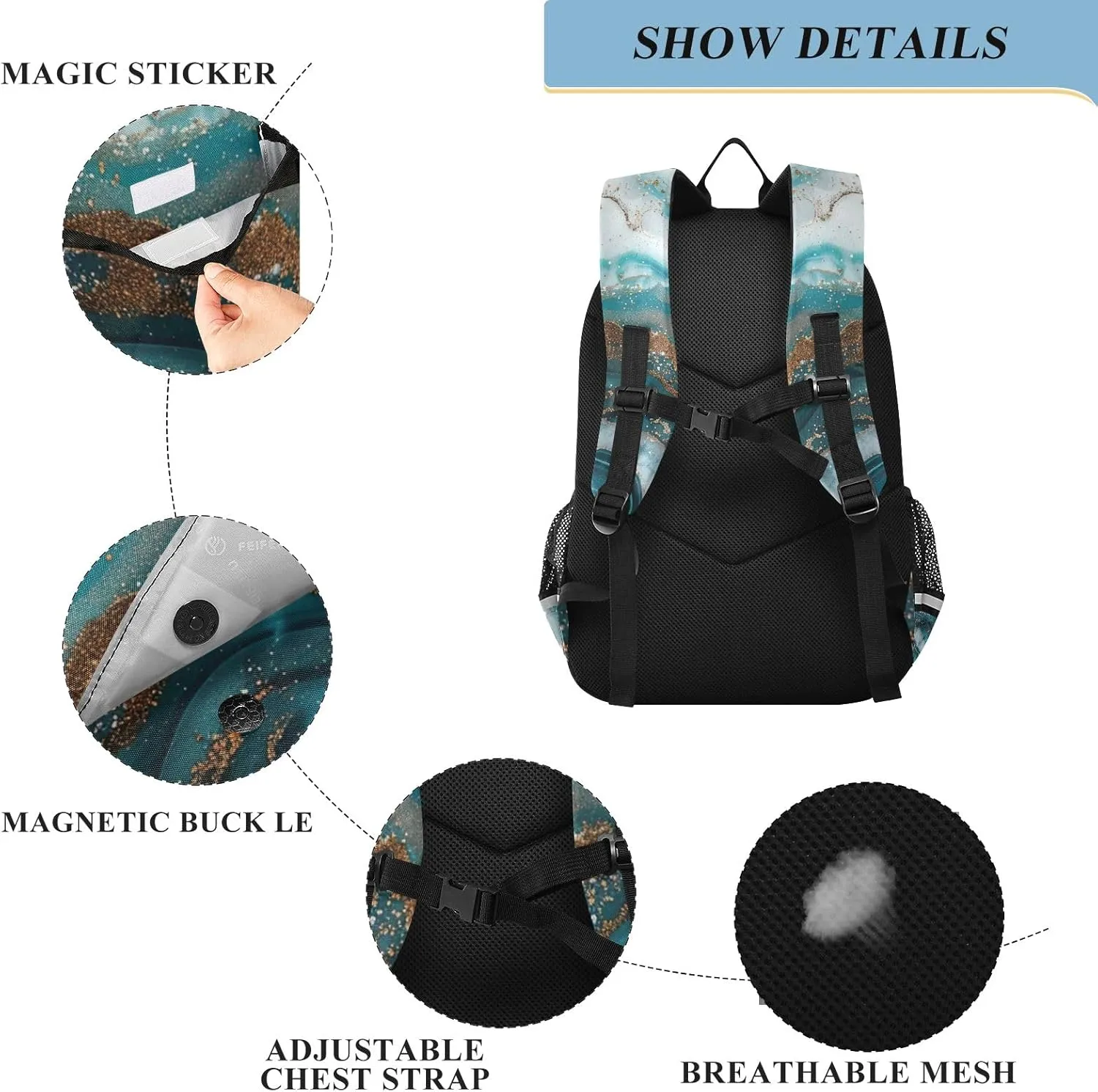 GAIGEO Blue Gold Marble Kids' Backpacks, Girls Backpack for School with Safety Reflective Strips, Travel Bookbag, Girl School Backpack