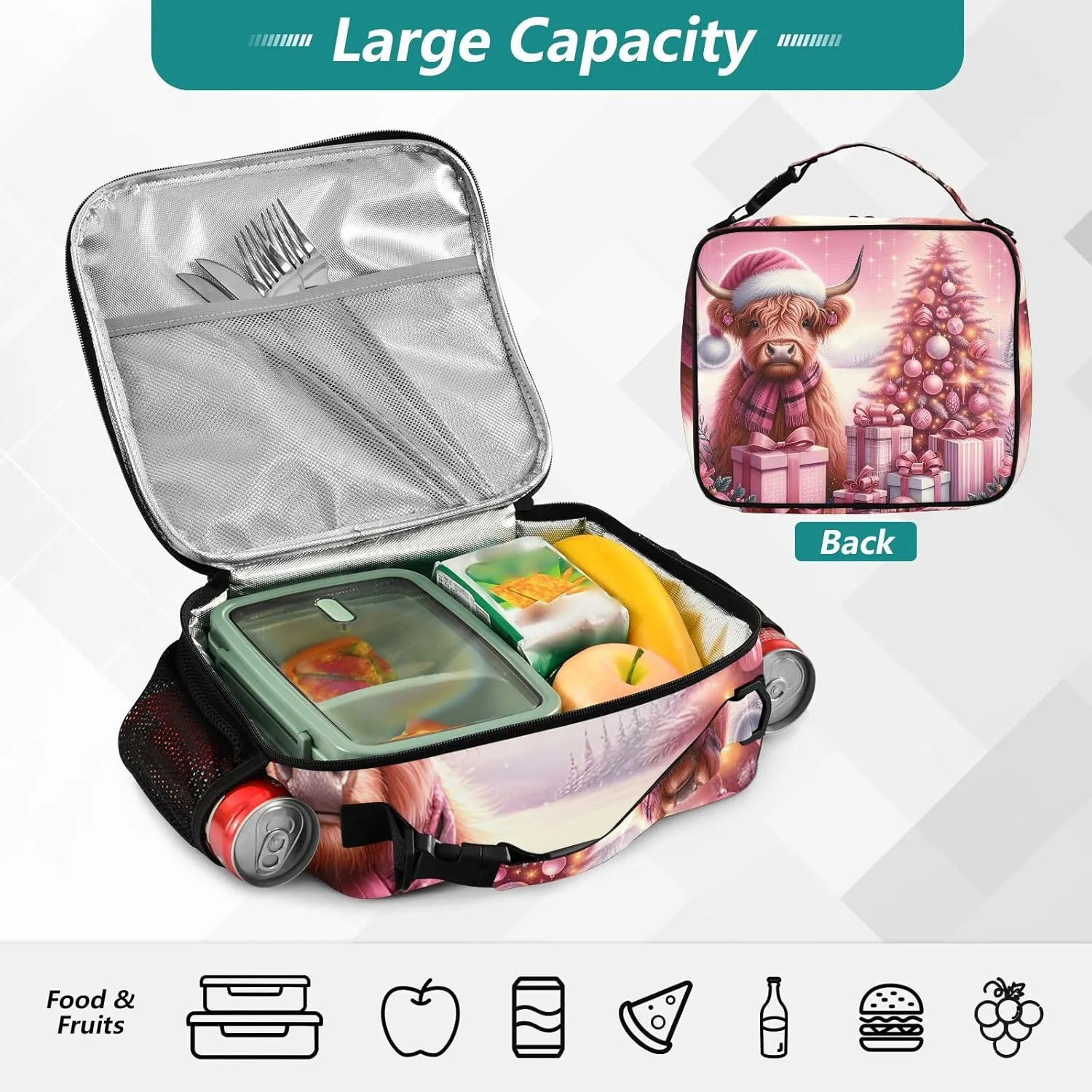 GAIGEO Christmas Highland Cow Calf Pink Lunch Box for Women Girls Lunch Bag with Shoulder Strap Mens Kids Lunchbox for Work Adults Animal Floral Cooler Bag Insulated