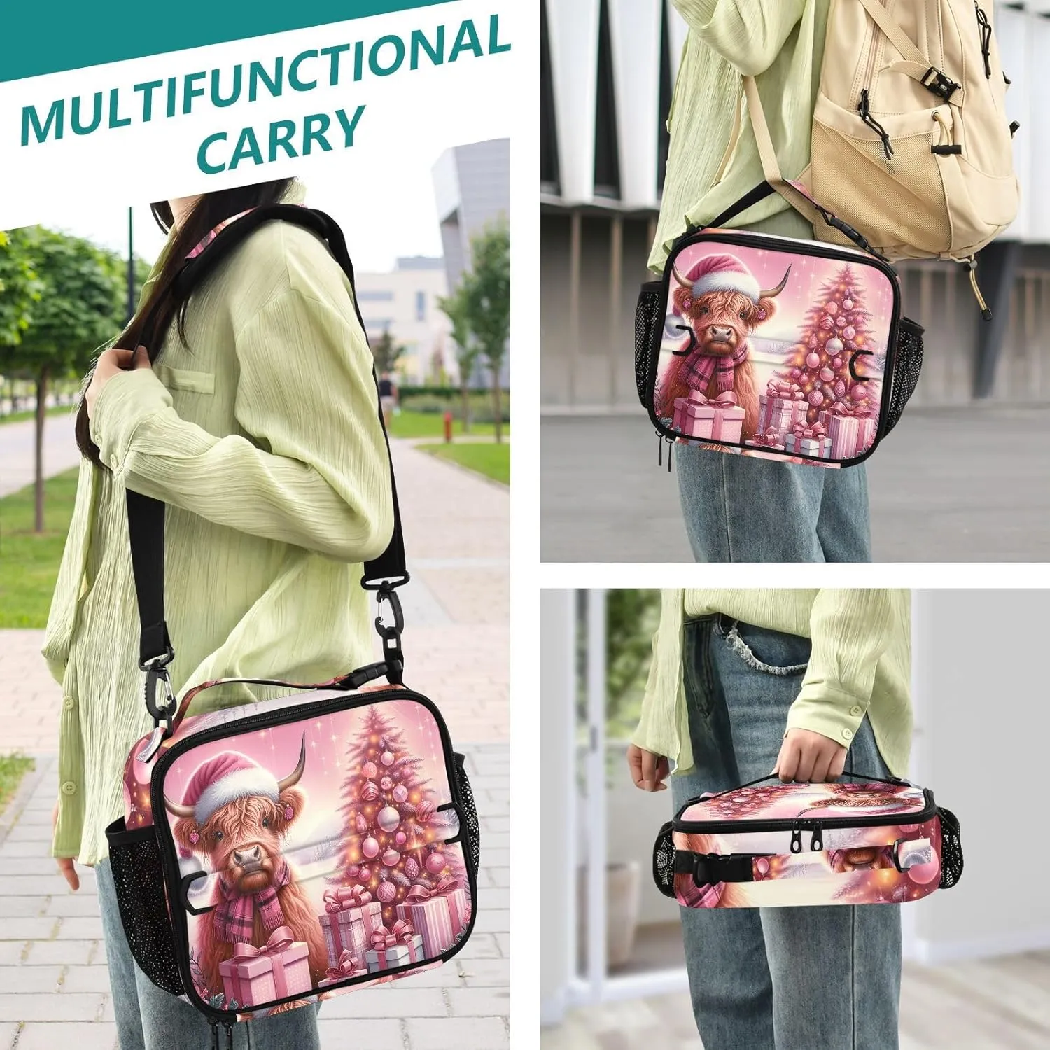 GAIGEO Christmas Highland Cow Calf Pink Lunch Box for Women Girls Lunch Bag with Shoulder Strap Mens Kids Lunchbox for Work Adults Animal Floral Cooler Bag Insulated