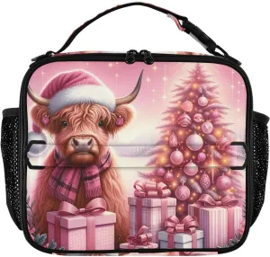 GAIGEO Christmas Highland Cow Calf Pink Lunch Box for Women Girls Lunch Bag with Shoulder Strap Mens Kids Lunchbox for Work Adults Animal Floral Cooler Bag Insulated