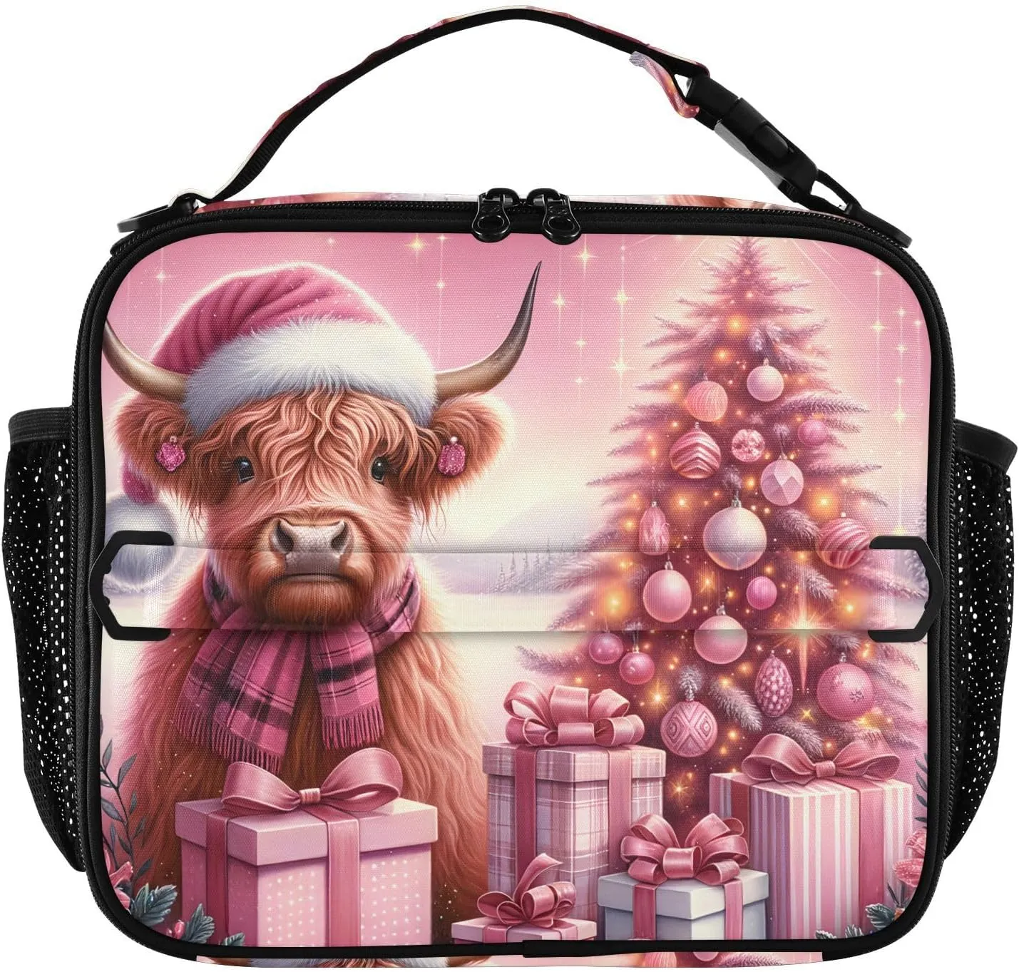 GAIGEO Christmas Highland Cow Calf Pink Lunch Box for Women Girls Lunch Bag with Shoulder Strap Mens Kids Lunchbox for Work Adults Animal Floral Cooler Bag Insulated