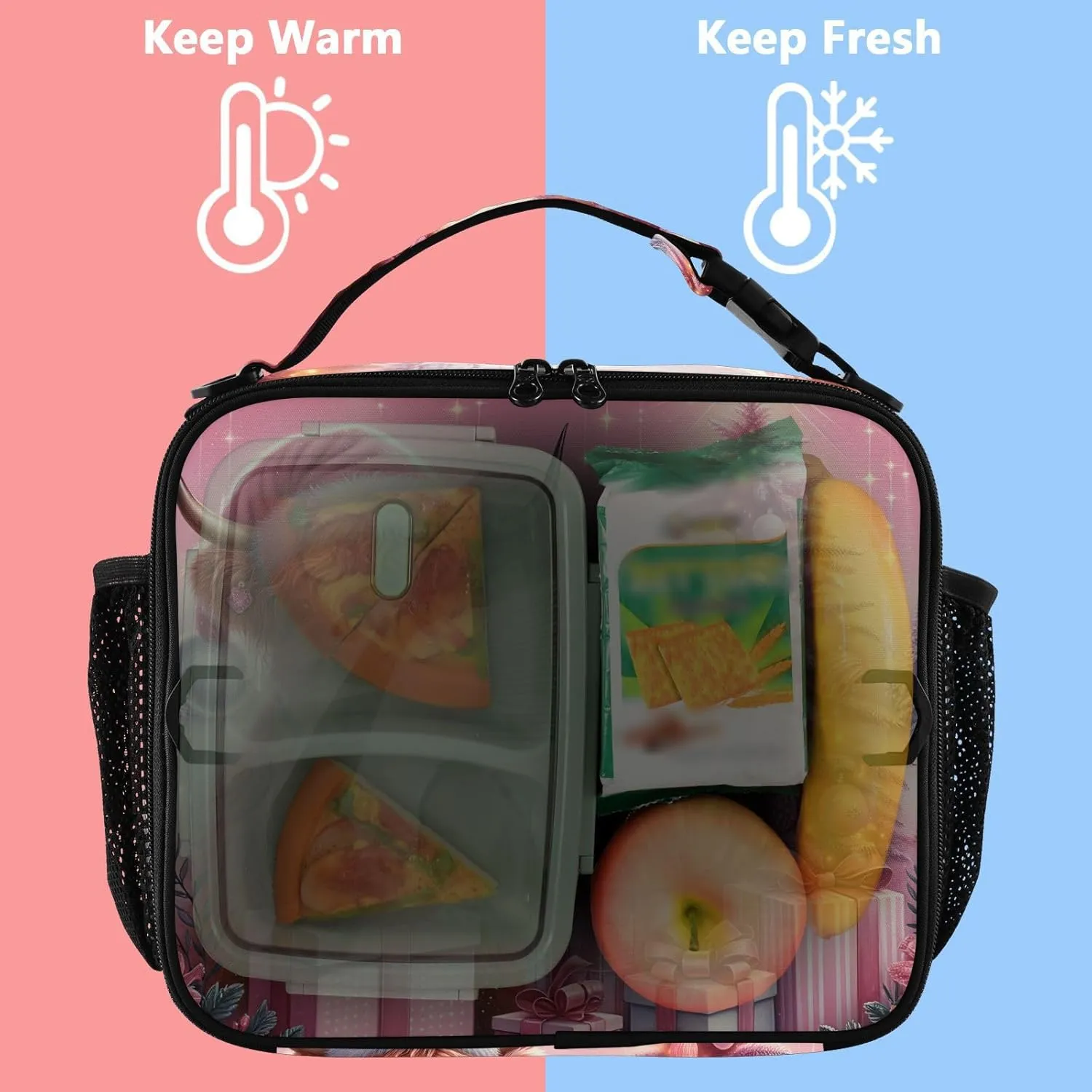GAIGEO Christmas Highland Cow Calf Pink Lunch Box for Women Girls Lunch Bag with Shoulder Strap Mens Kids Lunchbox for Work Adults Animal Floral Cooler Bag Insulated