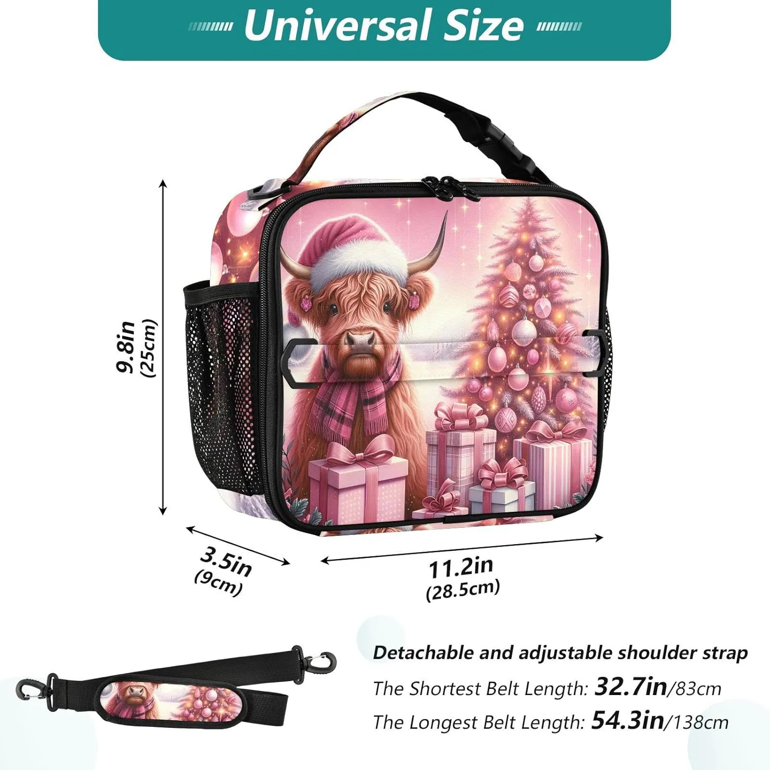 GAIGEO Christmas Highland Cow Calf Pink Lunch Box for Women Girls Lunch Bag with Shoulder Strap Mens Kids Lunchbox for Work Adults Animal Floral Cooler Bag Insulated