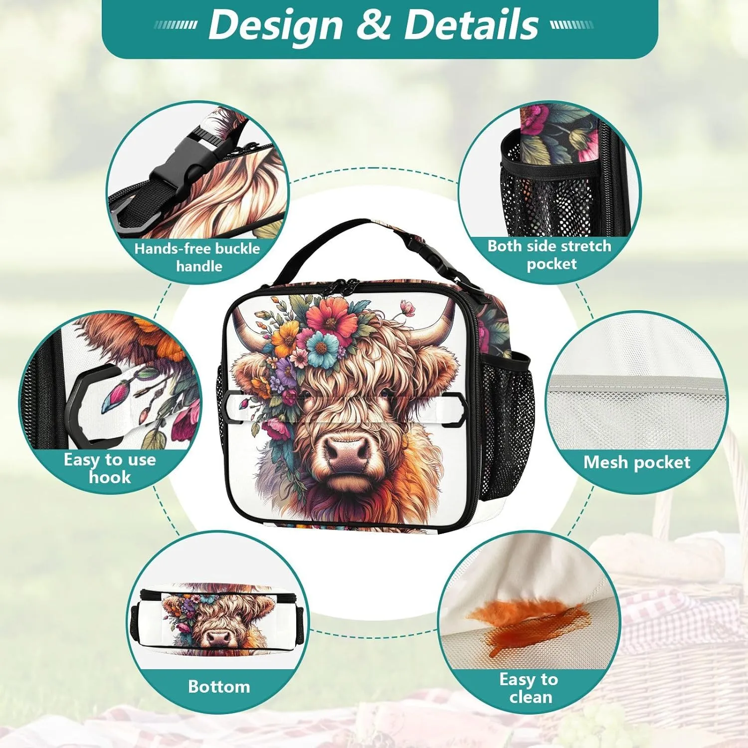 GAIGEO Highland Cow Cute Calf Lunch Box for Women Girls Lunch Bag with Shoulder Strap Mens Kids Lunchbox for Work Adults Cute Flower Cooler Bag Insulated