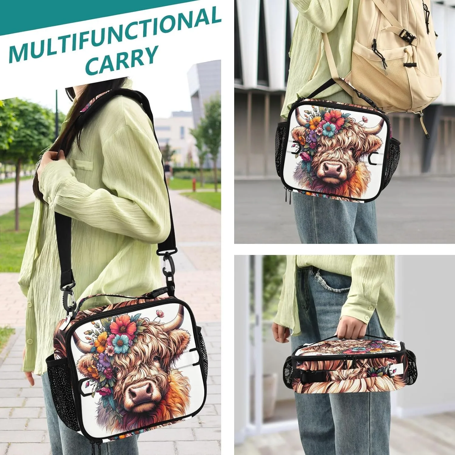 GAIGEO Highland Cow Cute Calf Lunch Box for Women Girls Lunch Bag with Shoulder Strap Mens Kids Lunchbox for Work Adults Cute Flower Cooler Bag Insulated