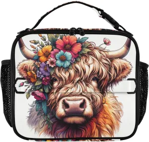 GAIGEO Highland Cow Cute Calf Lunch Box for Women Girls Lunch Bag with Shoulder Strap Mens Kids Lunchbox for Work Adults Cute Flower Cooler Bag Insulated