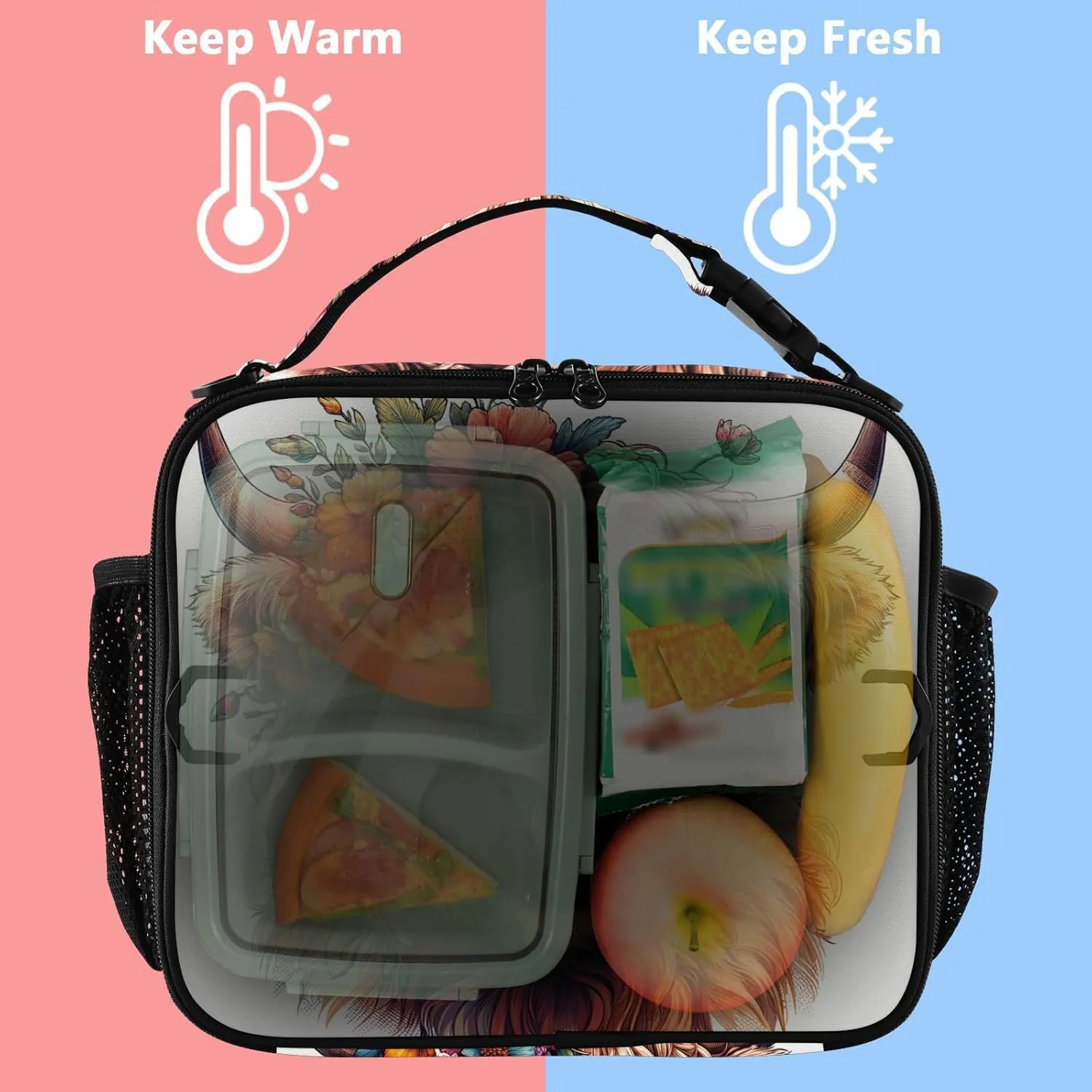 GAIGEO Highland Cow Cute Calf Lunch Box for Women Girls Lunch Bag with Shoulder Strap Mens Kids Lunchbox for Work Adults Cute Flower Cooler Bag Insulated