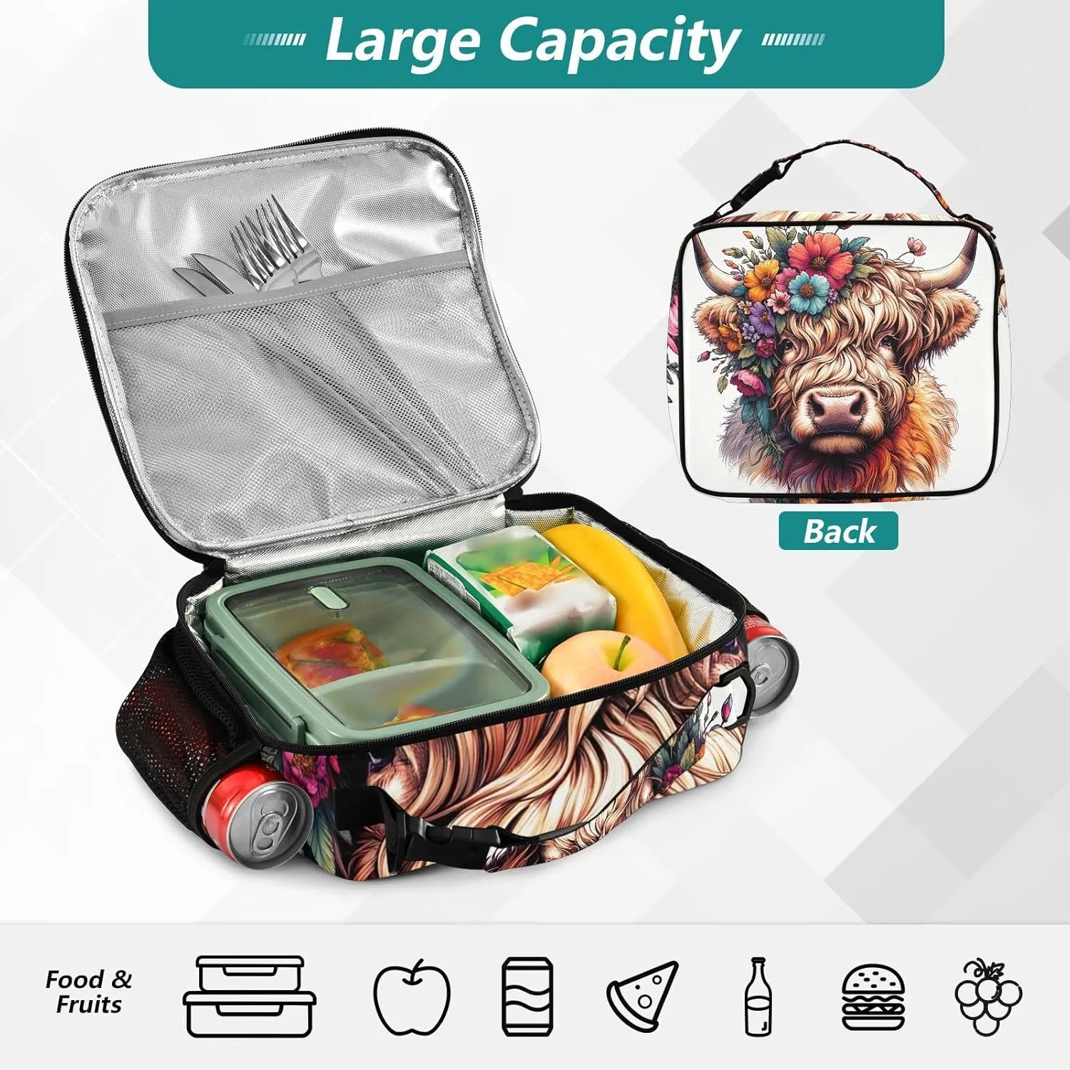 GAIGEO Highland Cow Cute Calf Lunch Box for Women Girls Lunch Bag with Shoulder Strap Mens Kids Lunchbox for Work Adults Cute Flower Cooler Bag Insulated