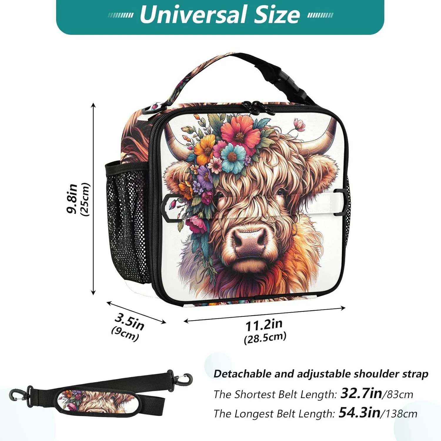 GAIGEO Highland Cow Cute Calf Lunch Box for Women Girls Lunch Bag with Shoulder Strap Mens Kids Lunchbox for Work Adults Cute Flower Cooler Bag Insulated