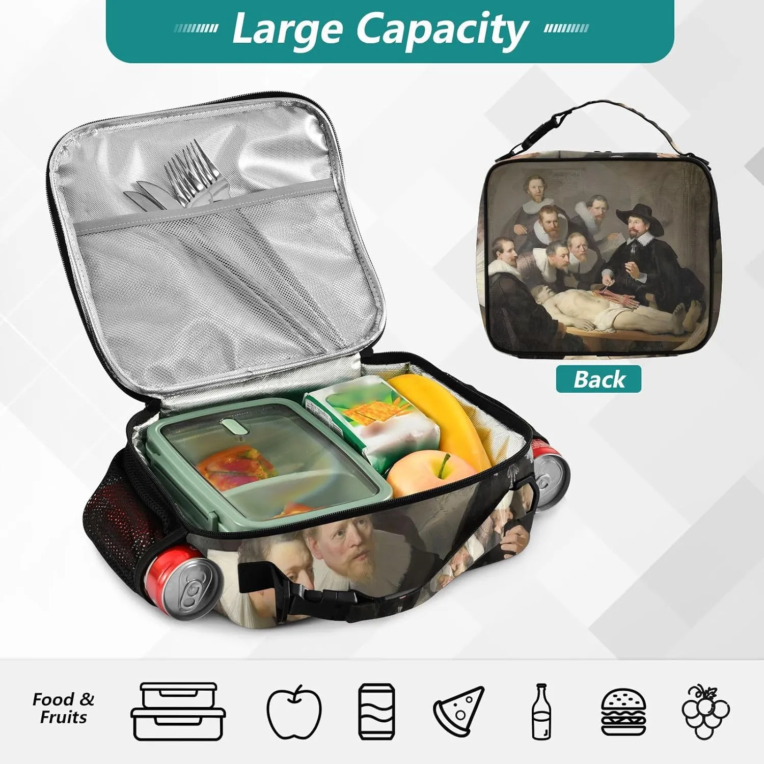 GAIGEO Rembrandt Anatomy Lesson Dr. Nicolaes Tulp Lunch Box Girls Women Lunch Bag Kids Mens Lunchbox for Work Soft Cooler Bag Insulated with Adjustable Shoulder Strap