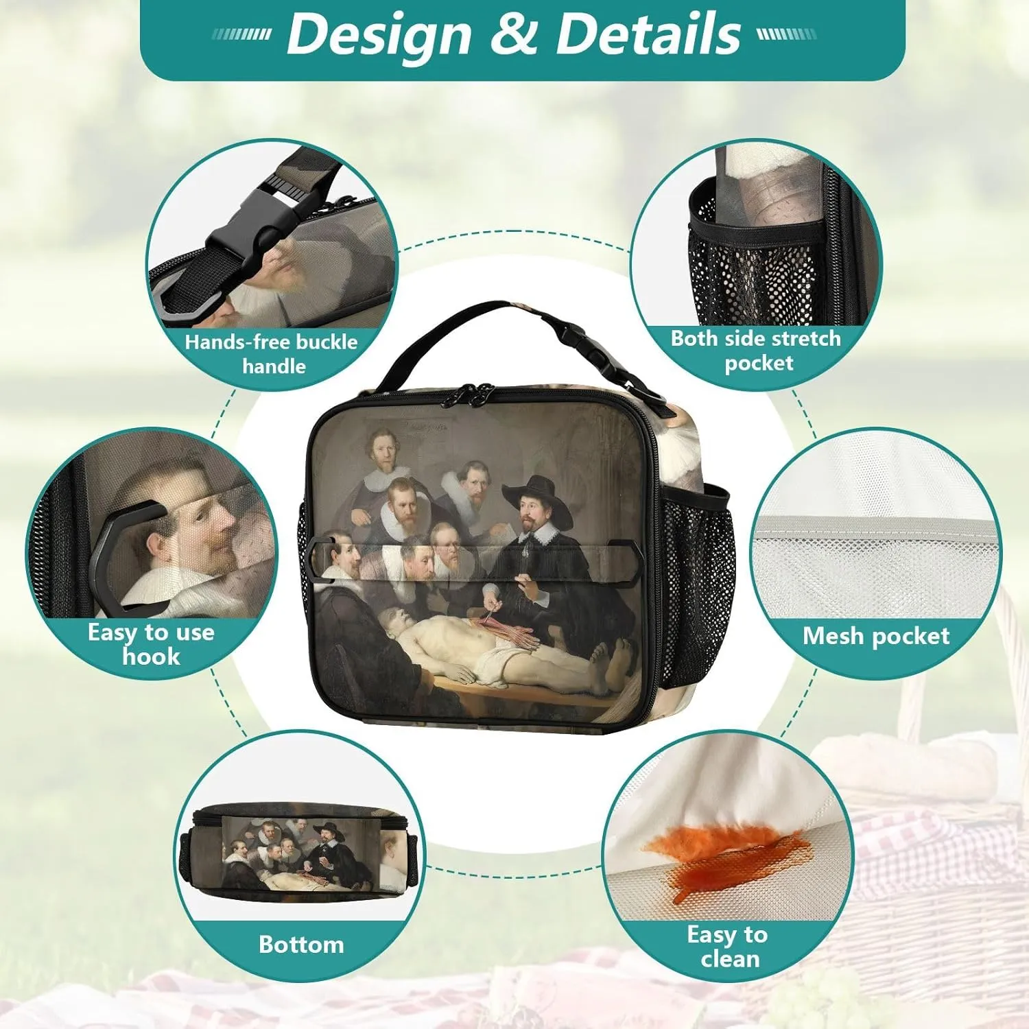 GAIGEO Rembrandt Anatomy Lesson Dr. Nicolaes Tulp Lunch Box Girls Women Lunch Bag Kids Mens Lunchbox for Work Soft Cooler Bag Insulated with Adjustable Shoulder Strap