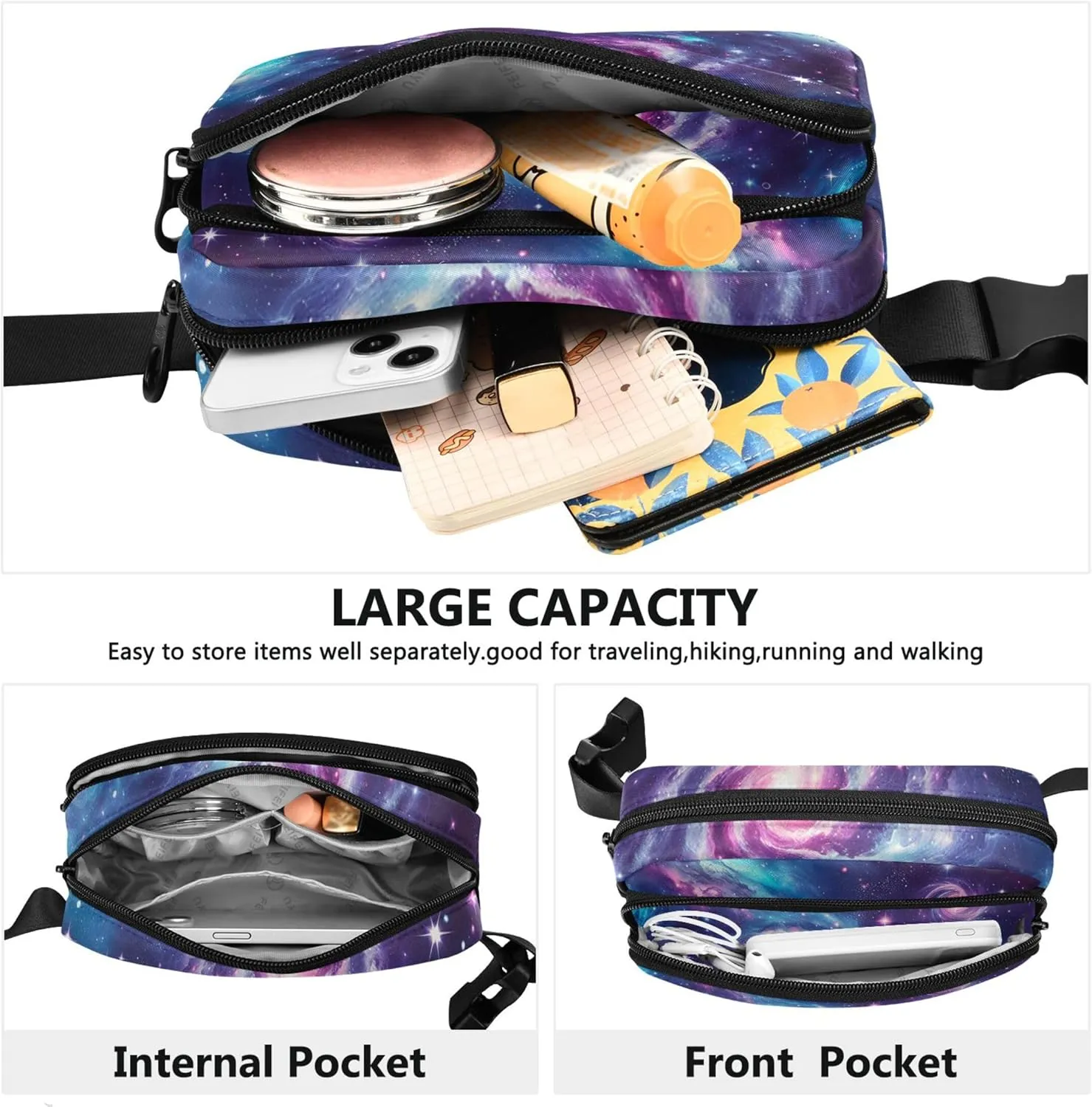 Galaxy Fanny Pack for Women Flower Hip Bag Belt Pouch Waterproof Crossbody Waist Bag