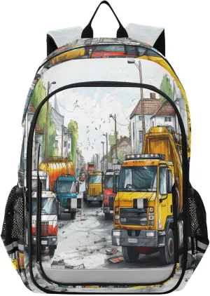 Garbage Trucks Street Backpack Kids School Bag Lightweight Laptop Backpack Elementary Capacity Student Bookbags for Travel Daypack with Reflective Stripes