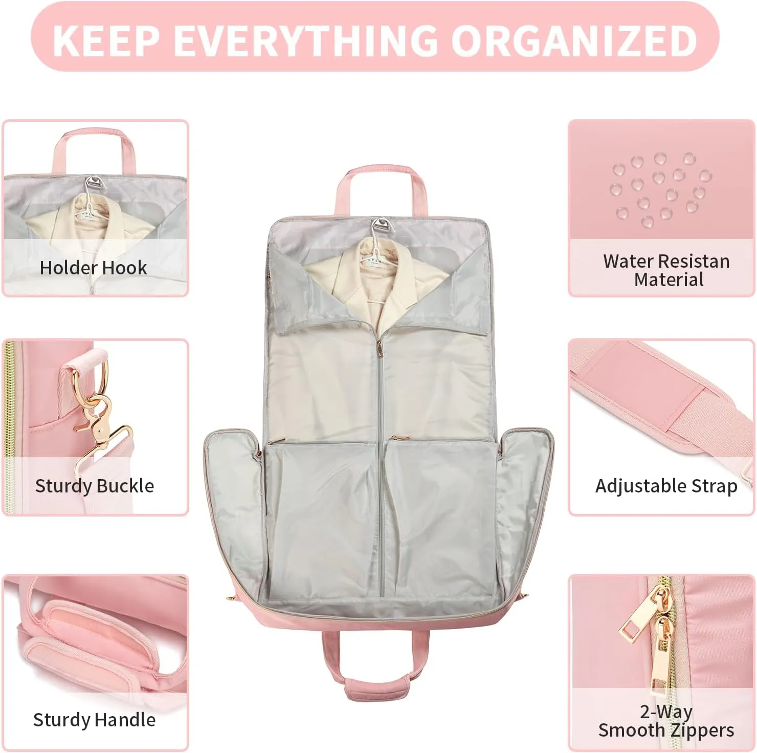 Garment Bag for Travel,Large Hanging Luggage Garment Bag Suit Bag with Adjustable Shoulder Strap Carry On Garment Bag Dress Bag for Women,Pink