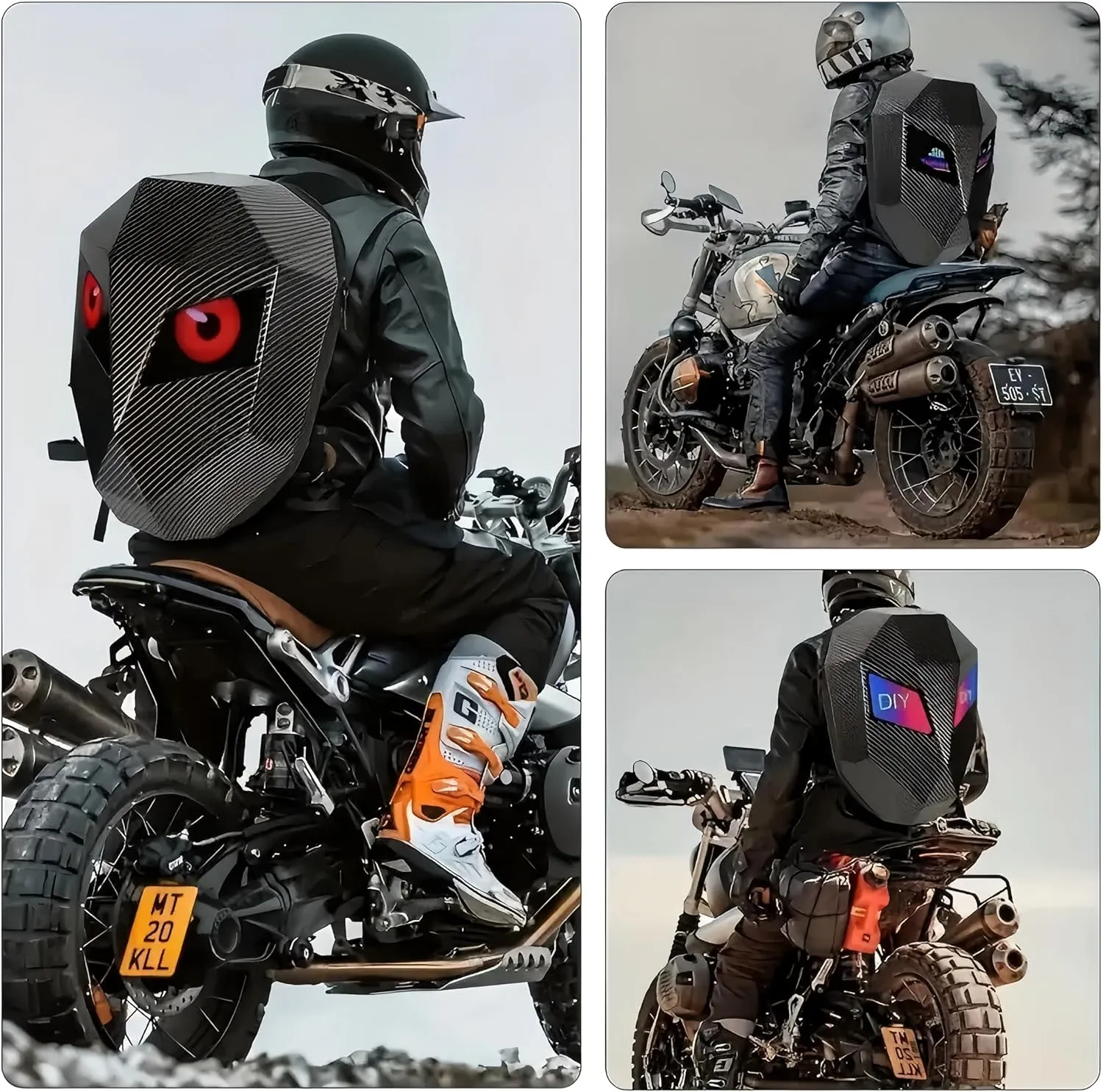 Gelrova LED Backpack with Eyes, Motorcycle Backpack Travel and Camping Storage Bag, Carbon fibre texture