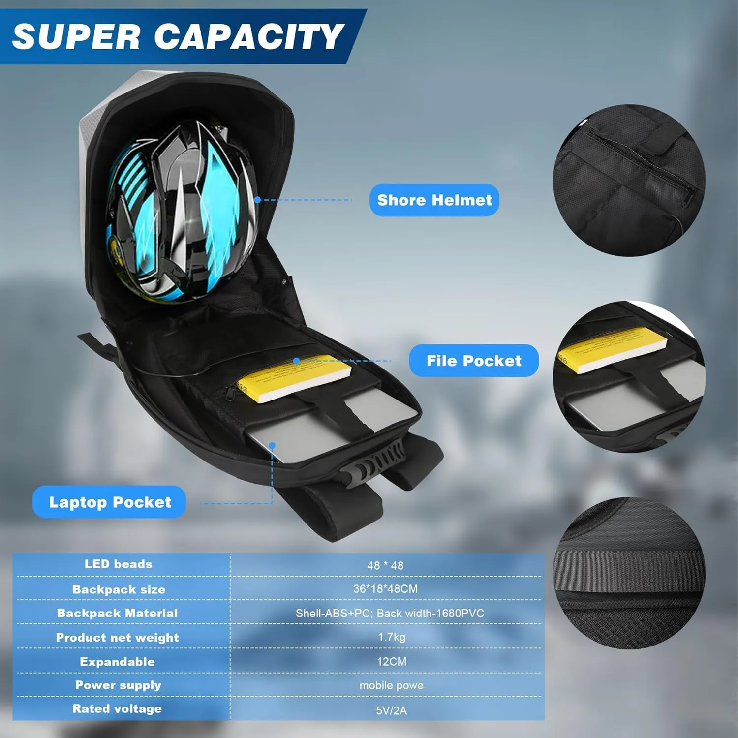 Gelrova LED Backpack with Eyes, Motorcycle Backpack Travel and Camping Storage Bag, Carbon fibre texture