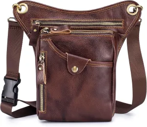 Genuine Leather Drop Leg Bag for Men Women Waist Hip Pack Messenger Shoulder Motorcycle Thigh Purse Hip Pouch Waist Fanny Pack Outdoor Sporting Hicking Pouch Belt Bumbag Coffee