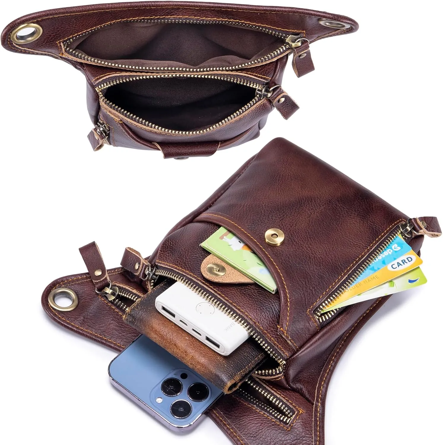 Genuine Leather Drop Leg Bag for Men Women Waist Hip Pack Messenger Shoulder Motorcycle Thigh Purse Hip Pouch Waist Fanny Pack Outdoor Sporting Hicking Pouch Belt Bumbag Coffee