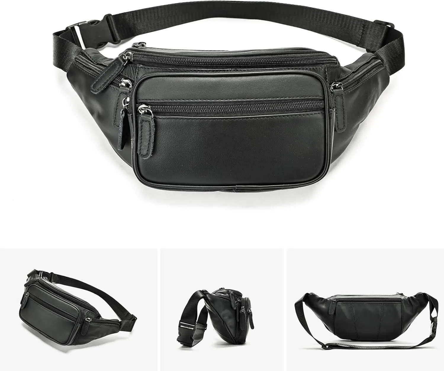 Genuine Leather Fanny Pack Men Women Multi-Pockets sling Waist Bag For Travel Sports Hiking Cycling Fishing Running Black Large