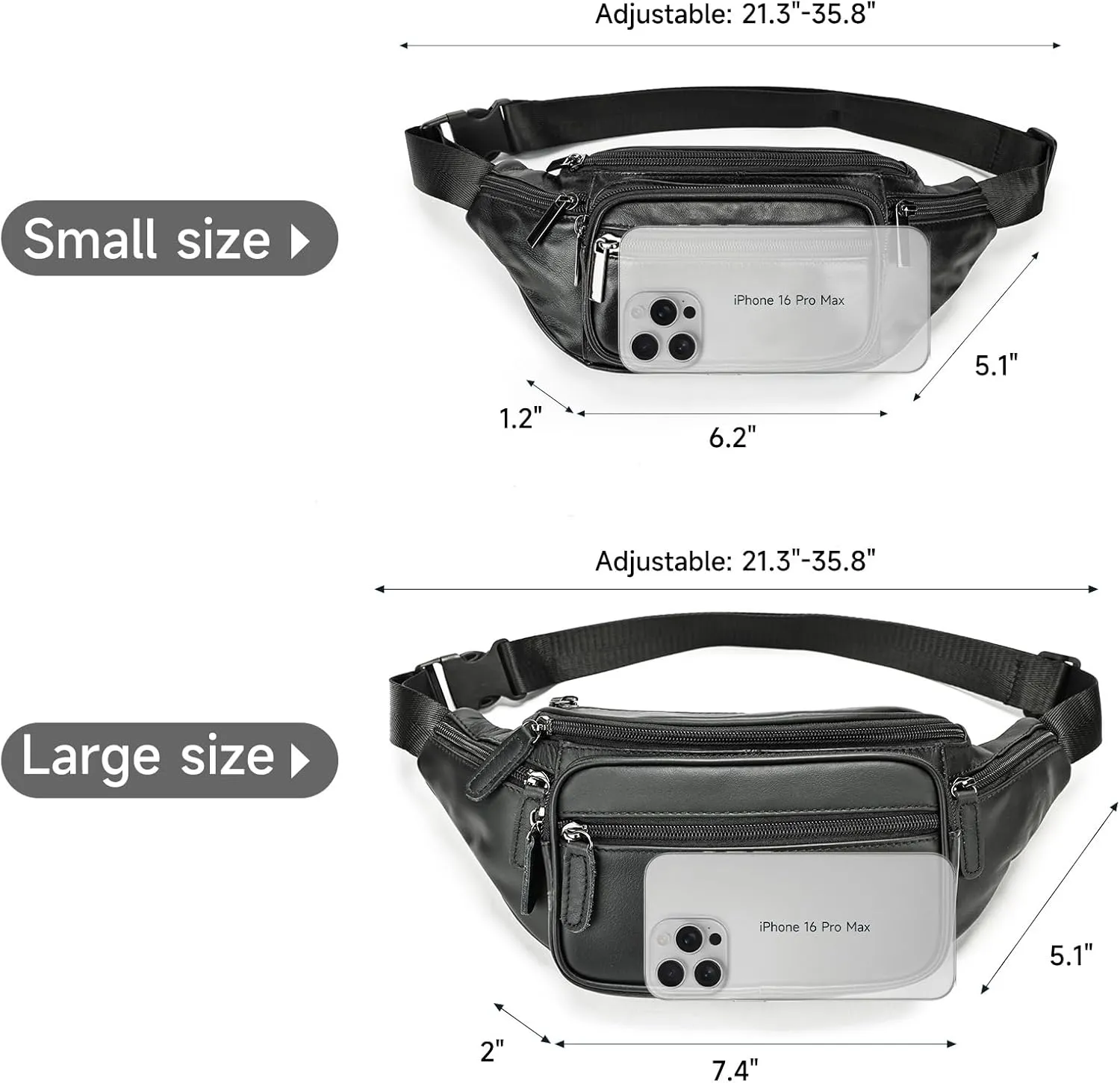 Genuine Leather Fanny Pack Men Women Multi-Pockets sling Waist Bag For Travel Sports Hiking Cycling Fishing Running Black Large