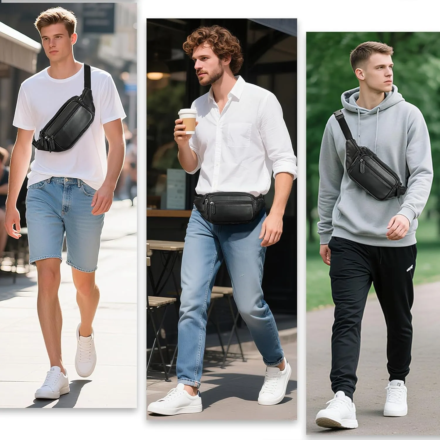 Genuine Leather Fanny Pack Men Women Multi-Pockets sling Waist Bag For Travel Sports Hiking Cycling Fishing Running Black Large
