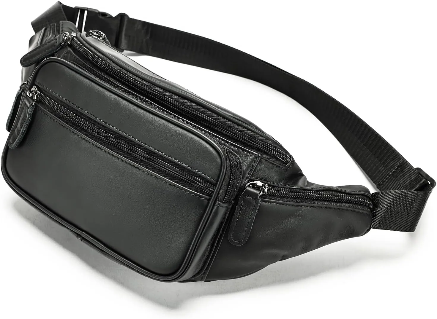 Genuine Leather Fanny Pack Men Women Multi-Pockets sling Waist Bag For Travel Sports Hiking Cycling Fishing Running Black Large
